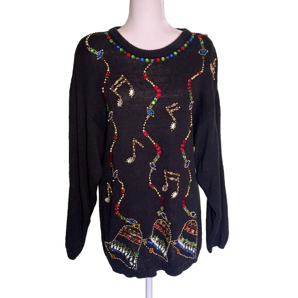Vtg Victoria Harbour Women's Black Christmas Beaded/Rhinestone Sweater Size L - Picture 1 of 5